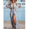 CUPSHE Kimono Swimsuit Coverup for Women Open Front Striped Maxi Cardigan Beach Cover Up(Purple Leaf)