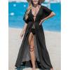 CUPSHE Kimono Swimsuit Coverup for Women Open Front Striped Maxi Cardigan Beach Cover Up(Solid Black)