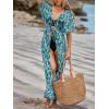 CUPSHE Kimono Swimsuit Coverup for Women Open Front Striped Maxi Cardigan Beach Cover Up(Turquoise Leopard)