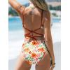 CUPSHE One Piece Swimsuit Women Keyhole V Neck Color Block Bathing Suit Cutout Back Crisscross Self Tie Swimwear(White/Orange Floral)