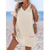 CUPSHE Swimsuit Coverup for Women Waffle Knit V Neck Short Sleeve Beach Coverup Dress with Pockets(Beige)