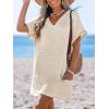 CUPSHE Swimsuit Coverup for Women Waffle Knit V Neck Short Sleeve Beach Coverup Dress with Pockets(Beige)