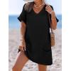 CUPSHE Swimsuit Coverup for Women Waffle Knit V Neck Short Sleeve Beach Coverup Dress with Pockets(Black)
