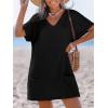 CUPSHE Swimsuit Coverup for Women Waffle Knit V Neck Short Sleeve Beach Coverup Dress with Pockets(Black)
