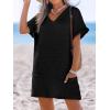 CUPSHE Swimsuit Coverup for Women Waffle Knit V Neck Short Sleeve Beach Coverup Dress with Pockets(Black)