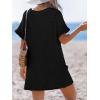 CUPSHE Swimsuit Coverup for Women Waffle Knit V Neck Short Sleeve Beach Coverup Dress with Pockets(Black)