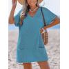 CUPSHE Swimsuit Coverup for Women Waffle Knit V Neck Short Sleeve Beach Coverup Dress with Pockets(Blue)