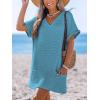 CUPSHE Swimsuit Coverup for Women Waffle Knit V Neck Short Sleeve Beach Coverup Dress with Pockets(Blue)