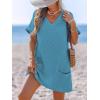 CUPSHE Swimsuit Coverup for Women Waffle Knit V Neck Short Sleeve Beach Coverup Dress with Pockets(Blue)
