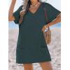 CUPSHE Swimsuit Coverup for Women Waffle Knit V Neck Short Sleeve Beach Coverup Dress with Pockets(Dark Green)