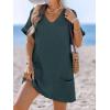 CUPSHE Swimsuit Coverup for Women Waffle Knit V Neck Short Sleeve Beach Coverup Dress with Pockets(Dark Green)
