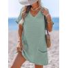 CUPSHE Swimsuit Coverup for Women Waffle Knit V Neck Short Sleeve Beach Coverup Dress with Pockets(Green)