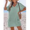 CUPSHE Swimsuit Coverup for Women Waffle Knit V Neck Short Sleeve Beach Coverup Dress with Pockets(Green)
