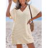 CUPSHE Swimsuit Coverup for Women Waffle Knit V Neck Short Sleeve Beach Coverup Dress with Pockets(Khaki Striped)