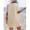 CUPSHE Swimsuit Coverup for Women Waffle Knit V Neck Short Sleeve Beach Coverup Dress with Pockets(Khaki Striped)