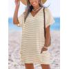 CUPSHE Swimsuit Coverup for Women Waffle Knit V Neck Short Sleeve Beach Coverup Dress with Pockets(Khaki Striped)