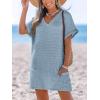 CUPSHE Swimsuit Coverup for Women Waffle Knit V Neck Short Sleeve Beach Coverup Dress with Pockets(Light Blue)