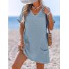 CUPSHE Swimsuit Coverup for Women Waffle Knit V Neck Short Sleeve Beach Coverup Dress with Pockets(Light Blue)