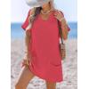 CUPSHE Swimsuit Coverup for Women Waffle Knit V Neck Short Sleeve Beach Coverup Dress with Pockets(Light Red)