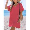 CUPSHE Swimsuit Coverup for Women Waffle Knit V Neck Short Sleeve Beach Coverup Dress with Pockets(Light Red)