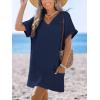 CUPSHE Swimsuit Coverup for Women Waffle Knit V Neck Short Sleeve Beach Coverup Dress with Pockets(Navy Blue)