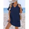 CUPSHE Swimsuit Coverup for Women Waffle Knit V Neck Short Sleeve Beach Coverup Dress with Pockets(Navy Blue)