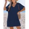 CUPSHE Swimsuit Coverup for Women Waffle Knit V Neck Short Sleeve Beach Coverup Dress with Pockets(Navy Blue)