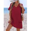 CUPSHE Swimsuit Coverup for Women Waffle Knit V Neck Short Sleeve Beach Coverup Dress with Pockets(Red)