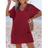 CUPSHE Swimsuit Coverup for Women Waffle Knit V Neck Short Sleeve Beach Coverup Dress with Pockets(Red)