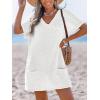 CUPSHE Swimsuit Coverup for Women Waffle Knit V Neck Short Sleeve Beach Coverup Dress with Pockets(White)