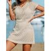 CUPSHE Women Crochet Swim Cover Up Short Sleeve V Neck Bathing Suit Beach Dress Summer Swimwear Coverups(Apricot)