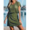 CUPSHE Women Crochet Swim Cover Up Short Sleeve V Neck Bathing Suit Beach Dress Summer Swimwear Coverups(Army Green)
