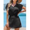 CUPSHE Women Crochet Swim Cover Up Short Sleeve V Neck Bathing Suit Beach Dress Summer Swimwear Coverups(Black)