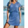 CUPSHE Women Crochet Swim Cover Up Short Sleeve V Neck Bathing Suit Beach Dress Summer Swimwear Coverups(Blue)