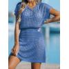 CUPSHE Women Crochet Swim Cover Up Short Sleeve V Neck Bathing Suit Beach Dress Summer Swimwear Coverups(Blue)