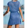 CUPSHE Women Crochet Swim Cover Up Short Sleeve V Neck Bathing Suit Beach Dress Summer Swimwear Coverups(Blue)