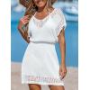 CUPSHE Women Crochet Swim Cover Up Short Sleeve V Neck Bathing Suit Beach Dress Summer Swimwear Coverups(C-white)