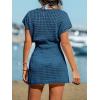 CUPSHE Women Crochet Swim Cover Up Short Sleeve V Neck Bathing Suit Beach Dress Summer Swimwear Coverups(Deep Teal)