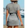 CUPSHE Women Crochet Swim Cover Up Short Sleeve V Neck Bathing Suit Beach Dress Summer Swimwear Coverups(Gray)
