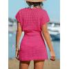 CUPSHE Women Crochet Swim Cover Up Short Sleeve V Neck Bathing Suit Beach Dress Summer Swimwear Coverups(Hot Pink)