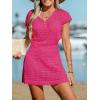 CUPSHE Women Crochet Swim Cover Up Short Sleeve V Neck Bathing Suit Beach Dress Summer Swimwear Coverups(Hot Pink)