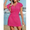 CUPSHE Women Crochet Swim Cover Up Short Sleeve V Neck Bathing Suit Beach Dress Summer Swimwear Coverups(Hot Pink)