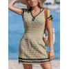 CUPSHE Women Crochet Swim Cover Up Short Sleeve V Neck Bathing Suit Beach Dress Summer Swimwear Coverups(Khaki and Black)