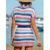 CUPSHE Women Crochet Swim Cover Up Short Sleeve V Neck Bathing Suit Beach Dress Summer Swimwear Coverups(Pink Striped)