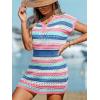 CUPSHE Women Crochet Swim Cover Up Short Sleeve V Neck Bathing Suit Beach Dress Summer Swimwear Coverups(Pink Striped)