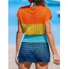 CUPSHE Women Crochet Swim Cover Up Short Sleeve V Neck Bathing Suit Beach Dress Summer Swimwear Coverups(Rainbow Colorblock)