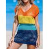 CUPSHE Women Crochet Swim Cover Up Short Sleeve V Neck Bathing Suit Beach Dress Summer Swimwear Coverups(Rainbow Colorblock)