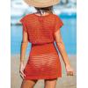 CUPSHE Women Crochet Swim Cover Up Short Sleeve V Neck Bathing Suit Beach Dress Summer Swimwear Coverups(Red Orange)