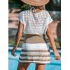 CUPSHE Women Crochet Swim Cover Up Short Sleeve V Neck Bathing Suit Beach Dress Summer Swimwear Coverups(Striped Brown)