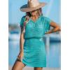 CUPSHE Women Crochet Swim Cover Up Short Sleeve V Neck Bathing Suit Beach Dress Summer Swimwear Coverups(Turquoise)